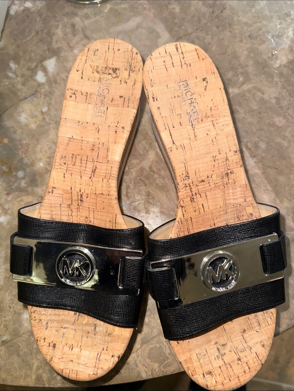Michael Kors Black Slide Sandals with Silver MK Emblems